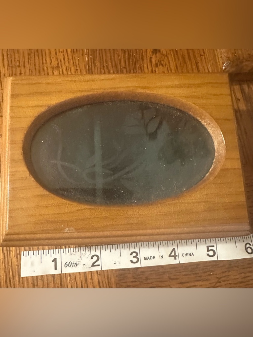 Vintage Wooden Jewelry Box Trinket Etched Glass Rose Lid Green Velvet Interior